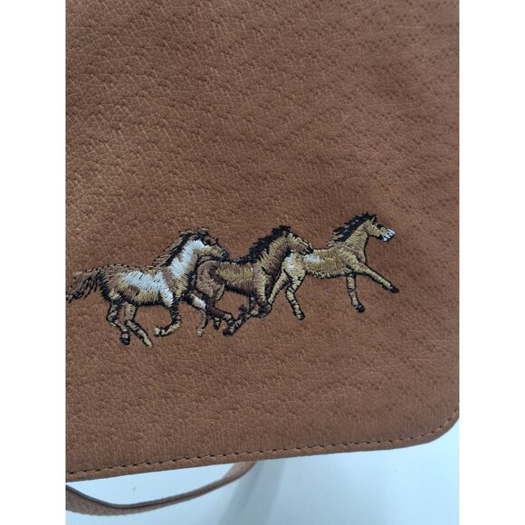Brown Faux Leather Crossbody Bag With Embroidered Running Horses Design - Picture 6 of 10